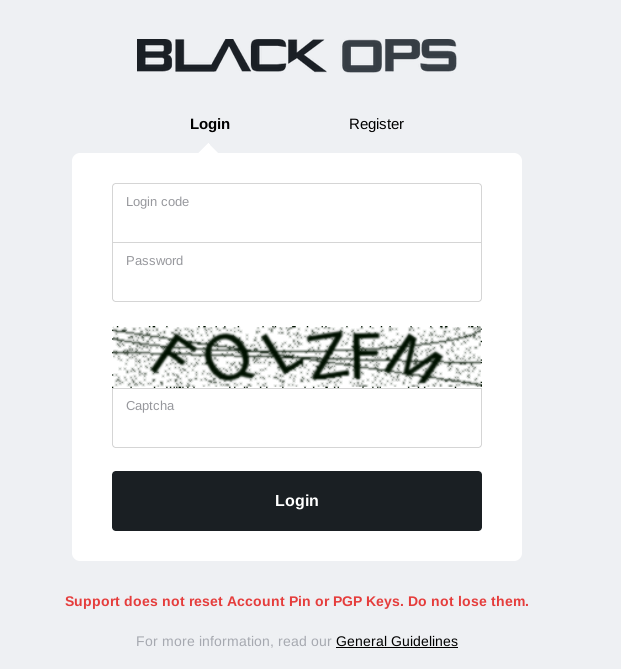 Login page for Black Ops Market