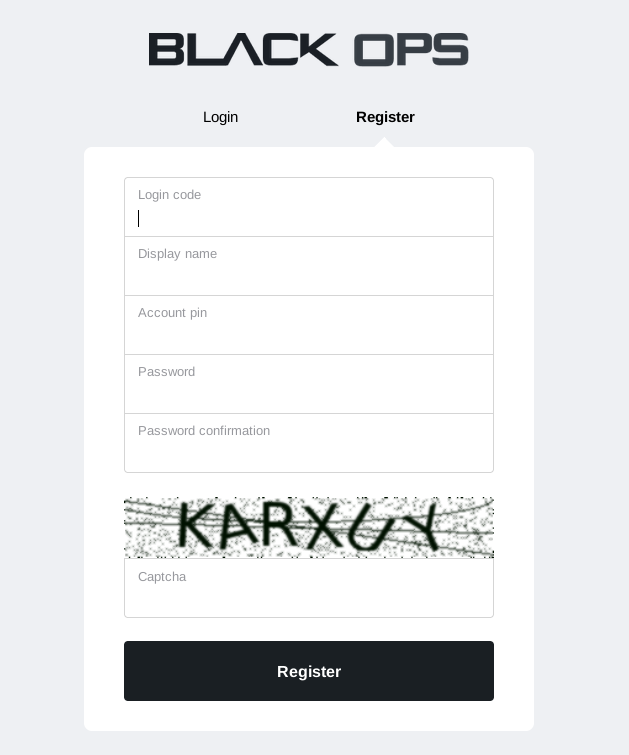 Registration page for Black Ops Market